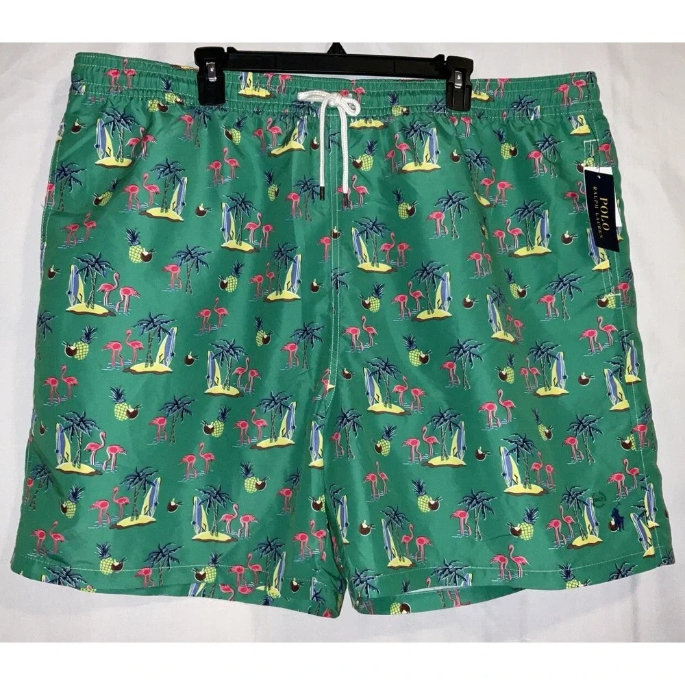 NWT Men's Polo Ralph Lauren Green Tropical Print‎ Lined Swim Trunks 3XLT Tall